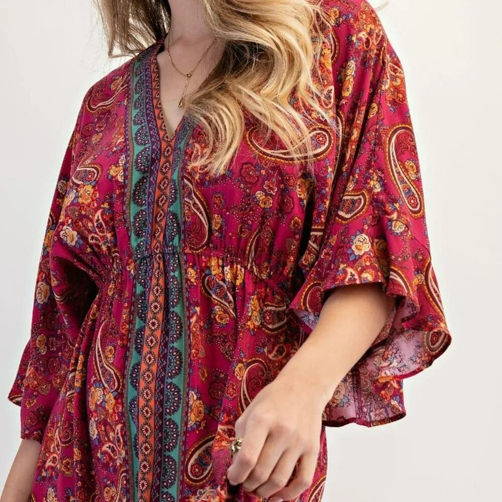 NWT Easel Magenta Border Print Challis Maxi Dress – Wing Sleeve Boho V-Neck Dres - Picture 3 of 4